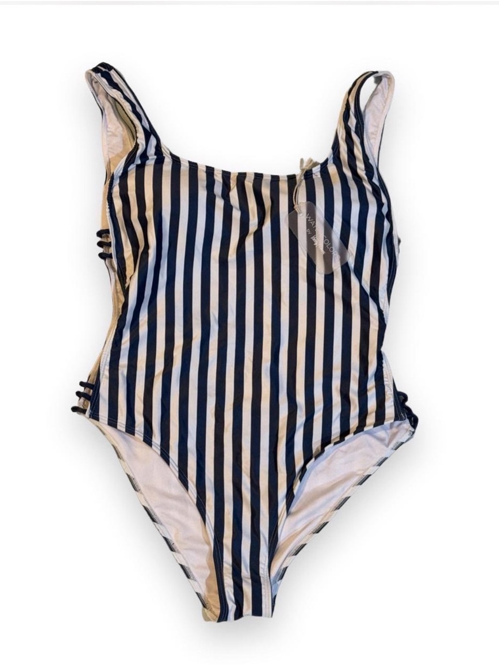 NWT Watercolors By Kenny Flowers navy and white striped one piece swimsuit